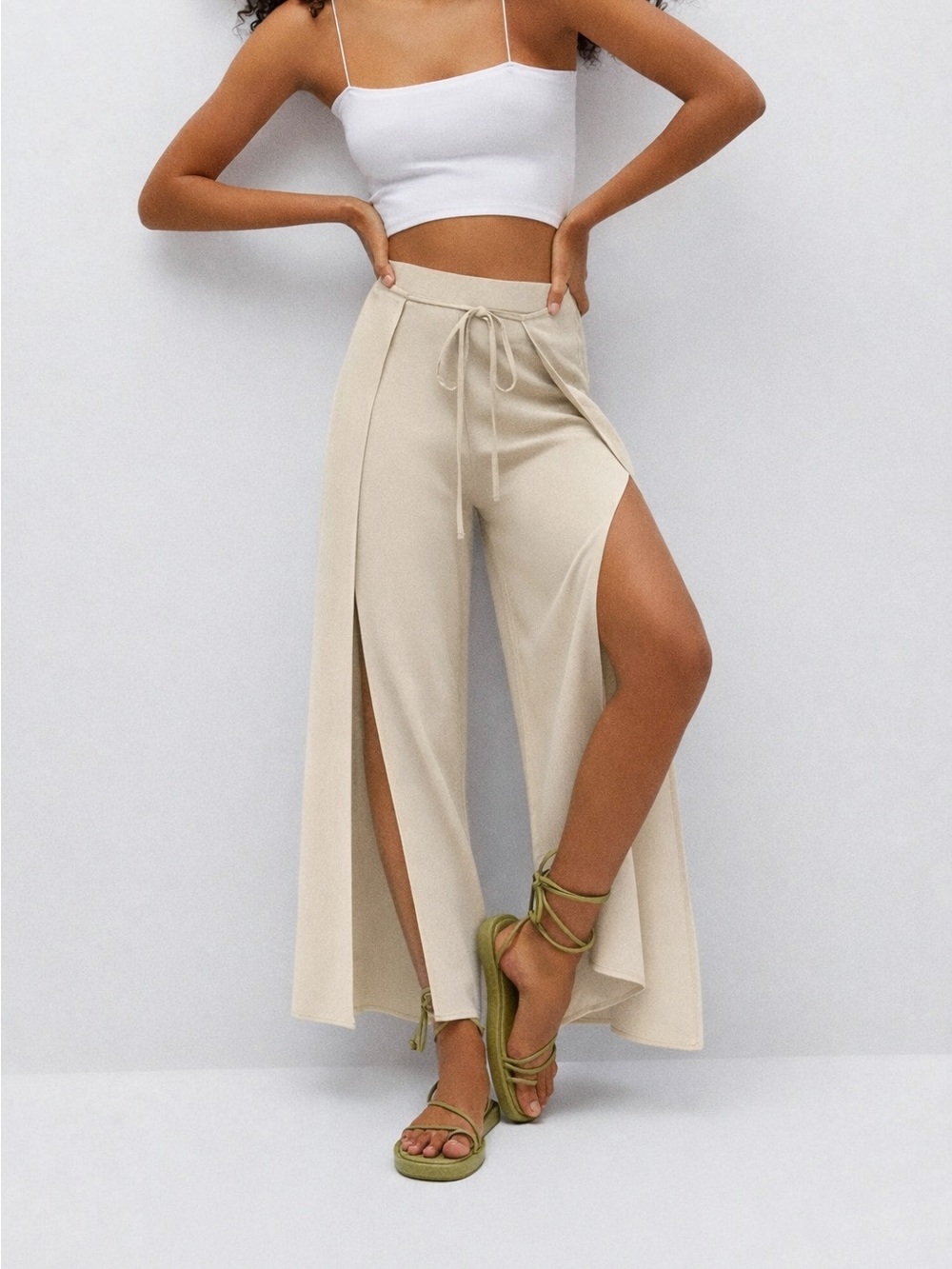 Pull&Bear Cream Wide-Leg Split Pants with Drawstring size XS